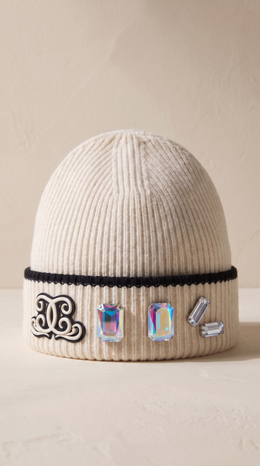 Bonnet The King Crown de Dellerium en maille côtelée blanc crème, monogramme en cordon ivoire et quatre cristaux sur le revers