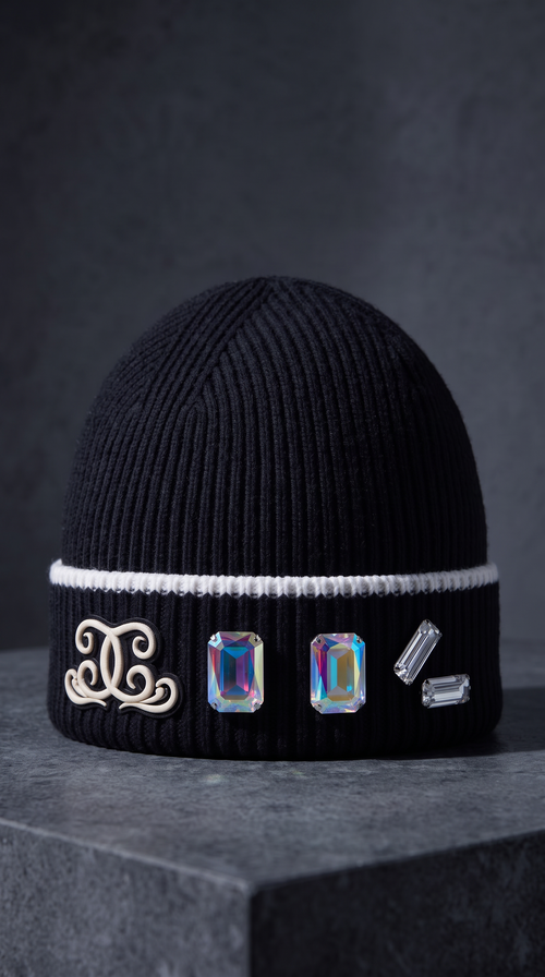 Bonnet The King Crown de Dellerium en maille côtelée noire, monogramme en cordon ivoire et quatre cristaux cousus à la main
